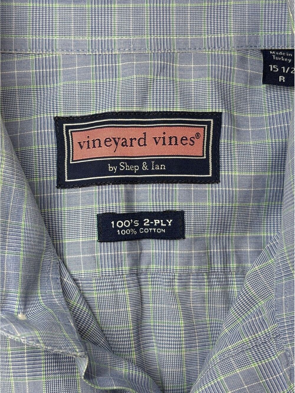 Early 2000s Vineyard Vines Mens Dress Shirt 15.5 R Size M Blue Plaid 100%Cotton
